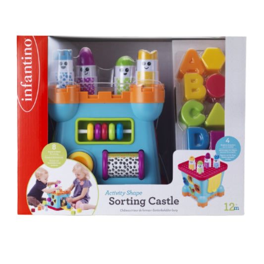 Infantino Activity Shape Sorting Castle toy in packaging with colorful letters on a white background