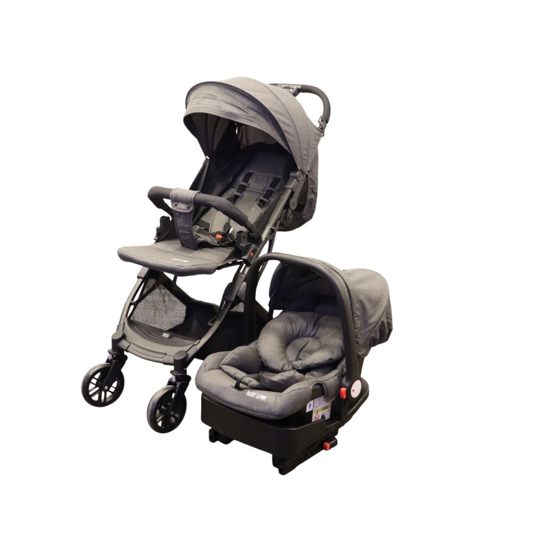 Baby Love Gray baby stroller with car seat attachment on a white background