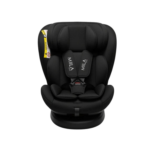Black car seat with 'Mila' branding on a white background