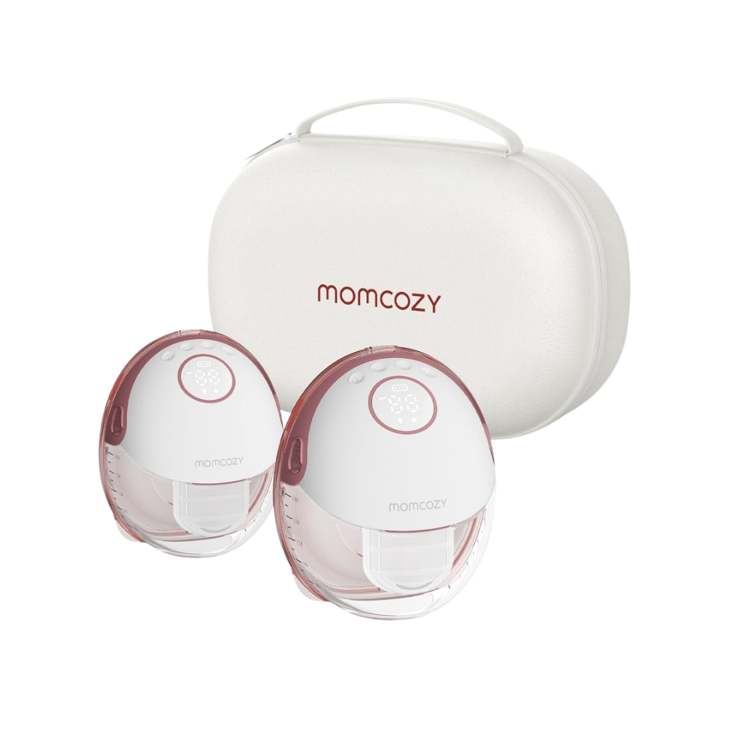 Momcozy breast pump set with two pumps and a carrying case on a white background