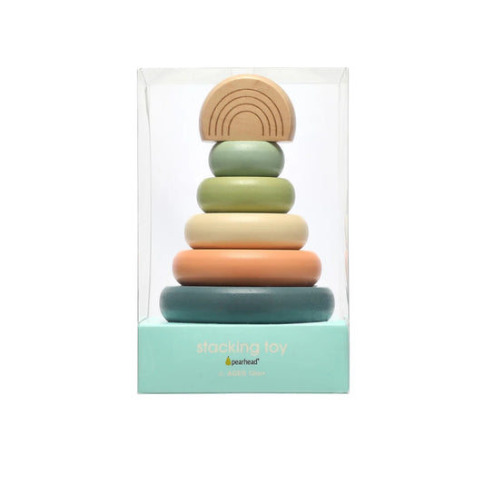 Pearhead Stacking toy with rainbow design on top, displayed in a clear packaging box.