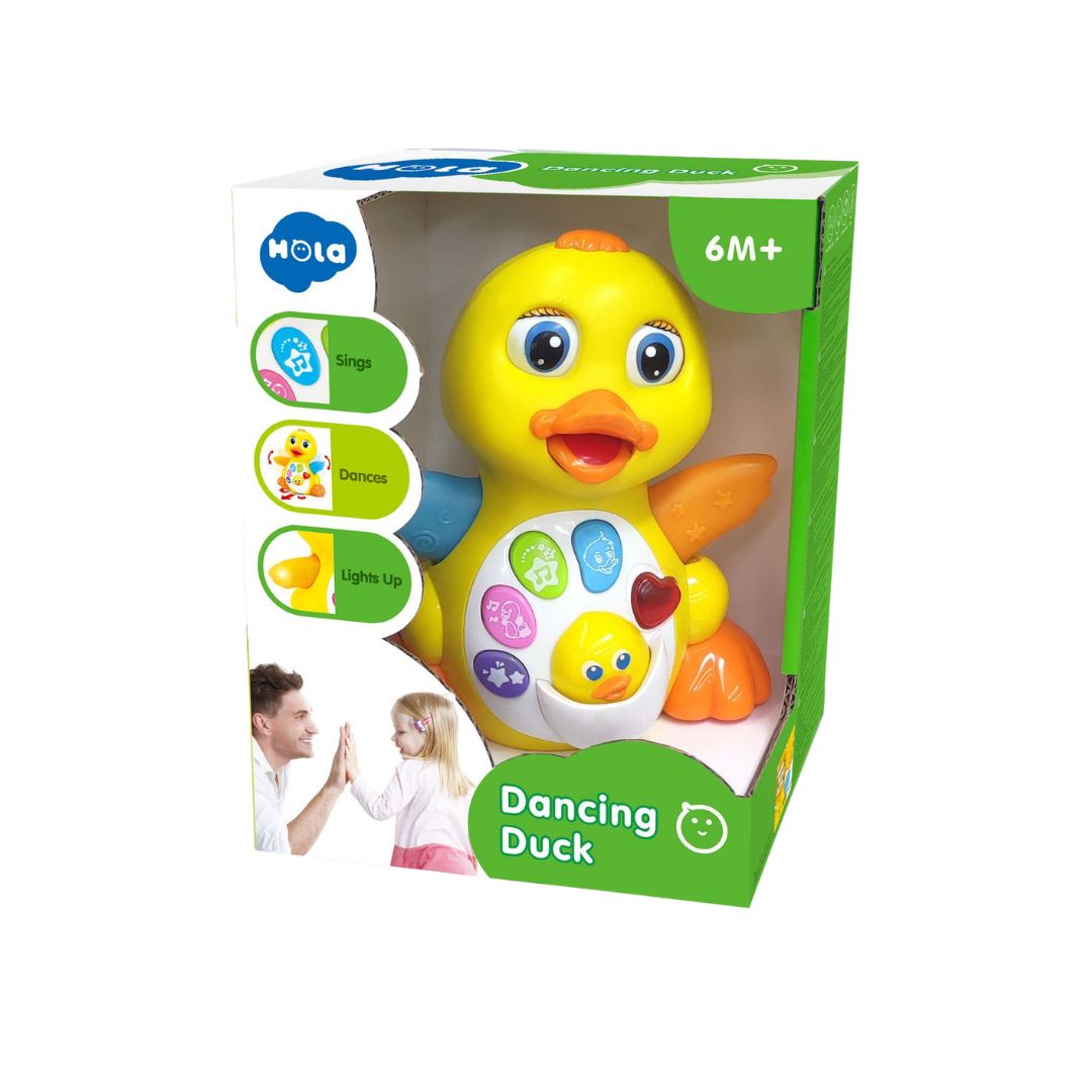 Boxed Hola Dancing Duck toy with colorful features and text on a white background