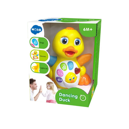 Boxed Hola Dancing Duck toy with colorful features and text on a white background