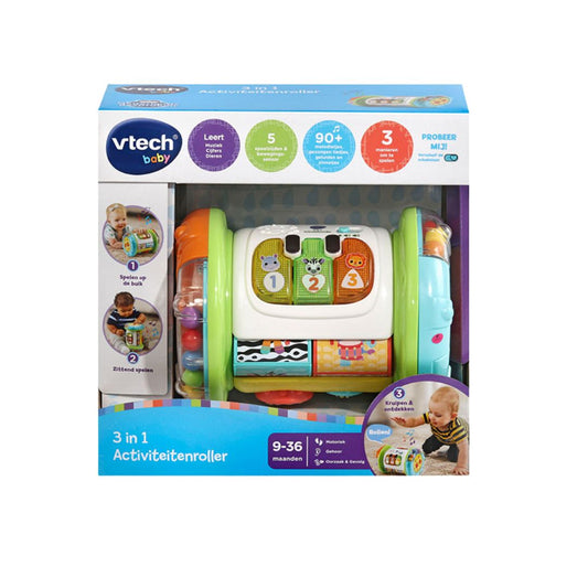 Vtech baby toy packaging with colorful toy and branding on a white background