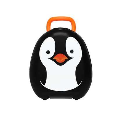 Penguin-shaped children's Carry Potty with an orange handle on a white background