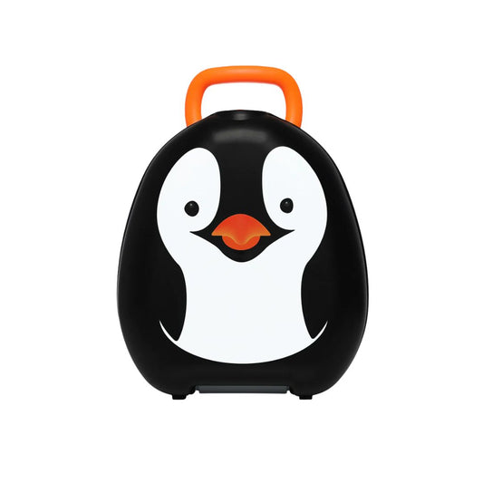 Penguin-shaped children's Carry Potty with an orange handle on a white background