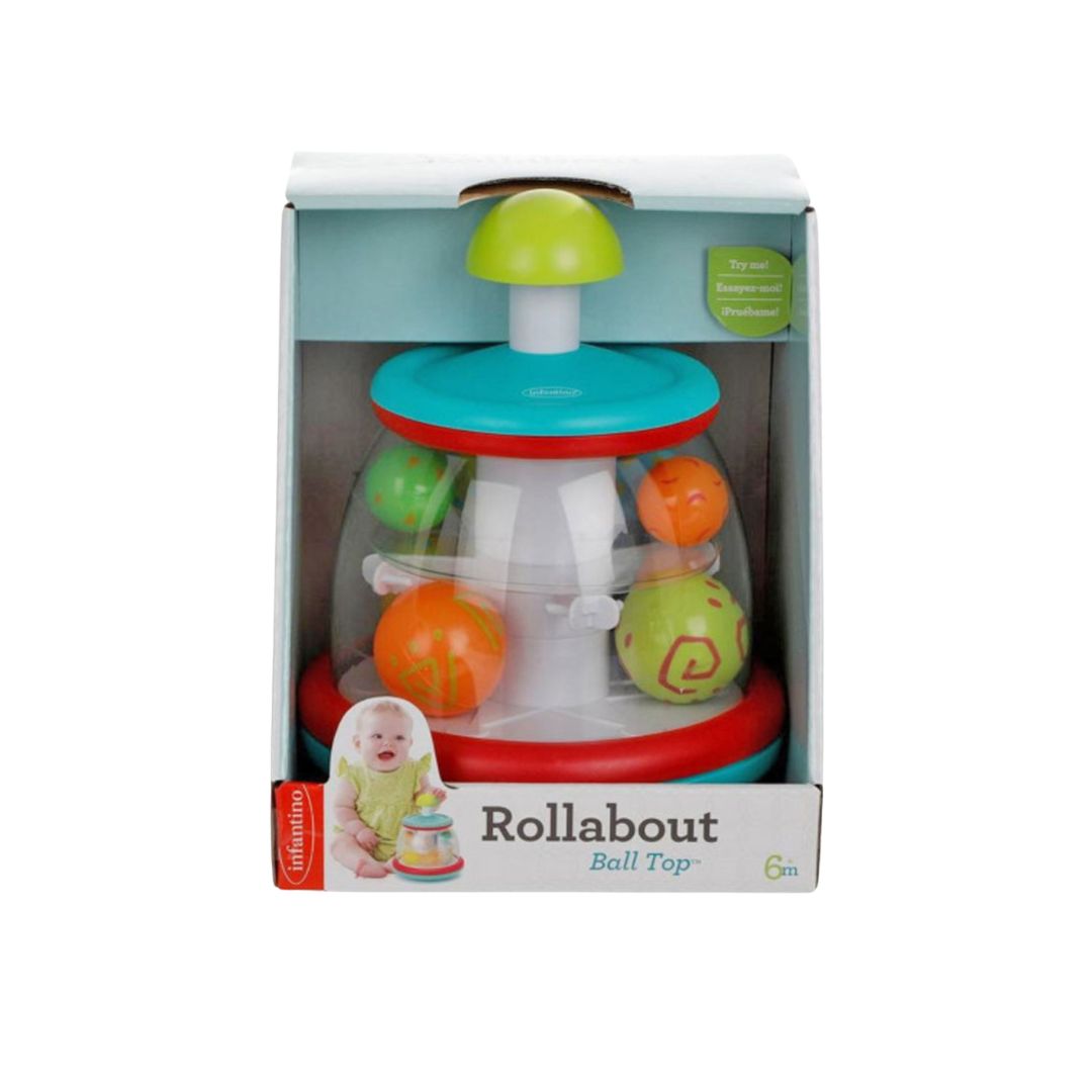 Colorful baby toy with balls and a tower structure in its packaging, featuring the brand 'Infantino'.