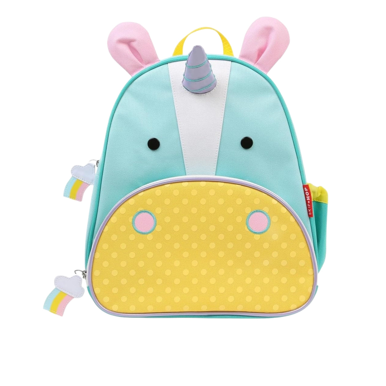 A Skip Hop pastel unicorn-themed children's backpack with a mint blue body, pink ears, a yellow polka-dot snout, and a gray horn, shown on a plain white background.