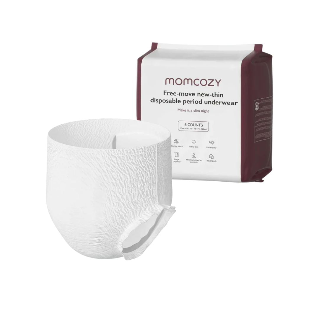 Momcozy White disposable period underwear with packaging on a white background