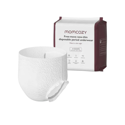 Momcozy White disposable period underwear with packaging on a white background