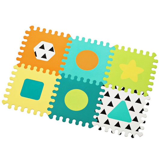 Colorful geometric infantino foam puzzle mats on a white background