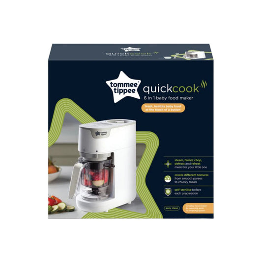 Tommee Tippee white Quickcook baby food maker packaging on a white background