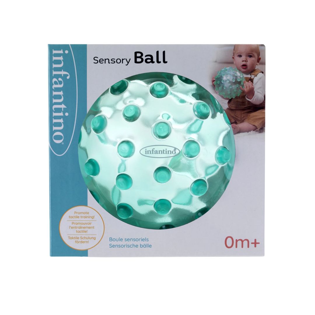 Infantino Sensory ball packaging with baby holding the ball on a white background