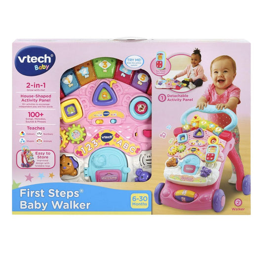 Vtech Baby First Steps Baby Walker packaging with colorful toy and baby images.