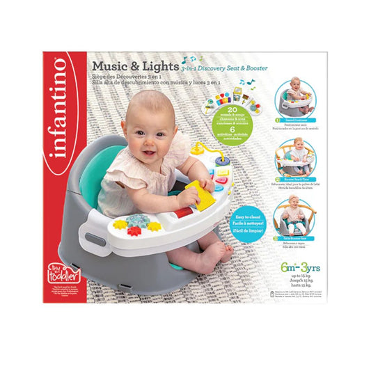Product packaging of Infantino baby seat and booster with a baby on it, featuring music and lights features.