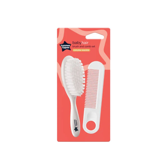 Baby hair brush and comb set in packaging with Tommee Tippee logo on a white background