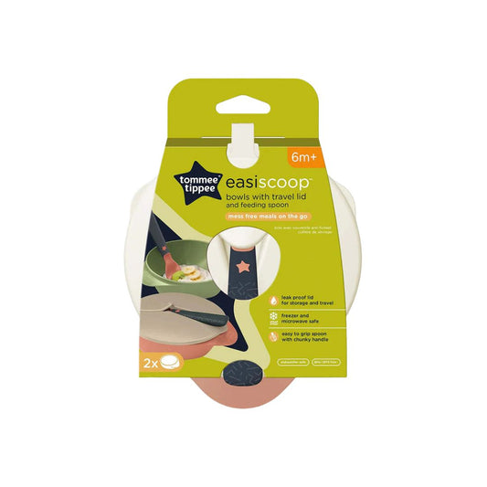 Tommee Tippee easiscoop packaging with bowls and travel lid on a white background