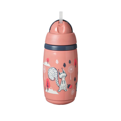 Pink tommee tippee water bottle with animal illustrations on a white background
