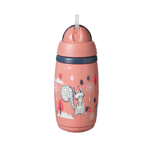 Pink tommee tippee water bottle with animal illustrations on a white background