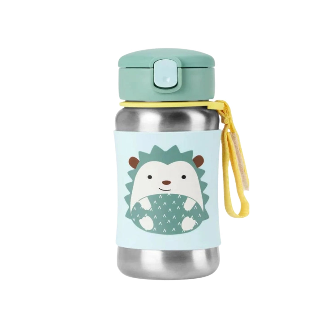A Skip Hop stainless steel water bottle with a mint green lid, a yellow carrying strap, and a light blue wrap featuring a cute hedgehog illustration.