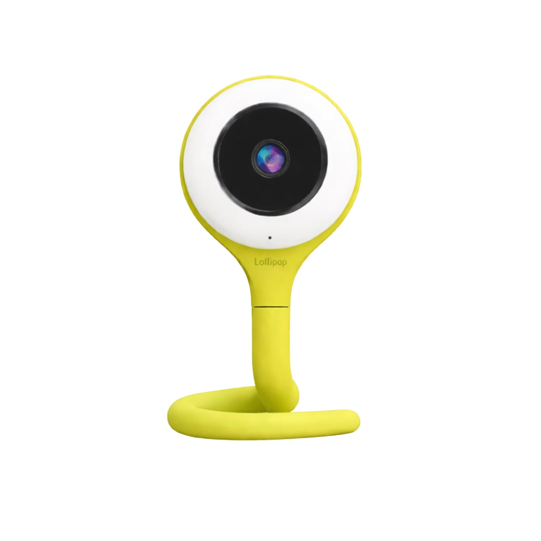 Yellow and white lollipop baby monitor with a flexible neck on a white background