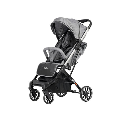 Gray and black Kidilo stroller on a white background