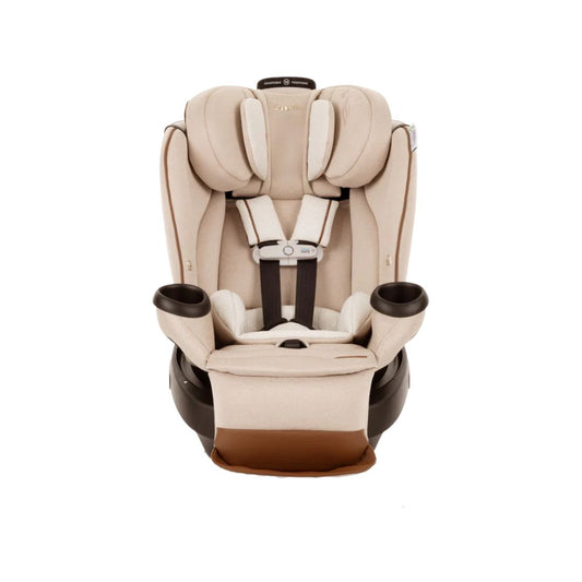 Beige and brown Evenflo car seat on a white background