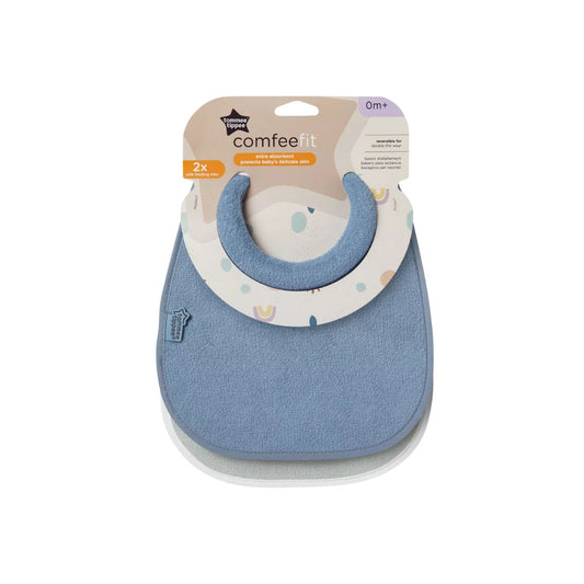 Blue baby bib with packaging on a white background