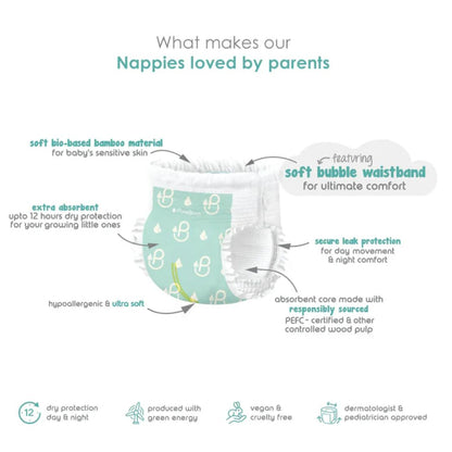 Nappy with features listed on a white background