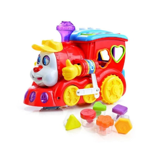 Colorful Hola toy train with shapes on a white background
