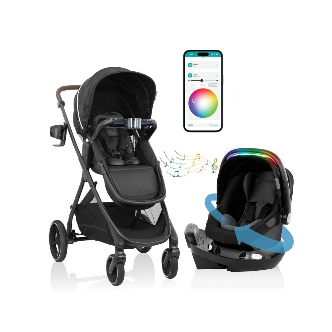 evenflo Black stroller and car seat with app interface on a white background