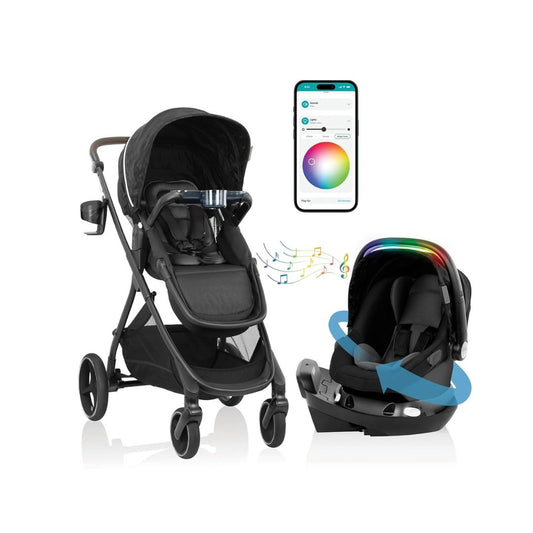 evenflo Black stroller and car seat with app interface on a white background