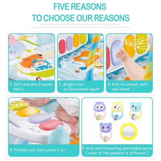 Five reasons text with images showing the playmat with its piano reasons to choose it