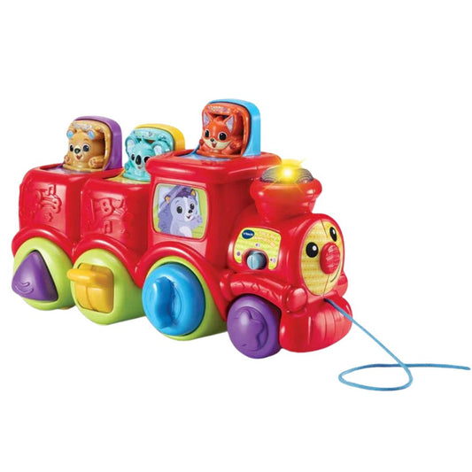 Colorful toy train with animal figures on a white background