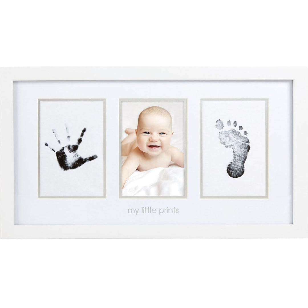 Pearhead Baby photo frame with hand and footprints on a white background