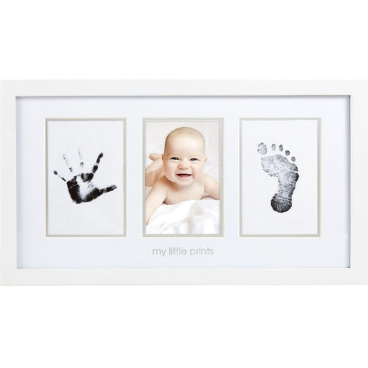 Pearhead Baby photo frame with hand and footprints on a white background