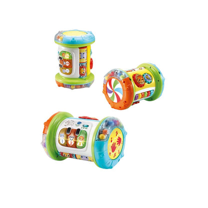 Three colorful baby toys on a white background