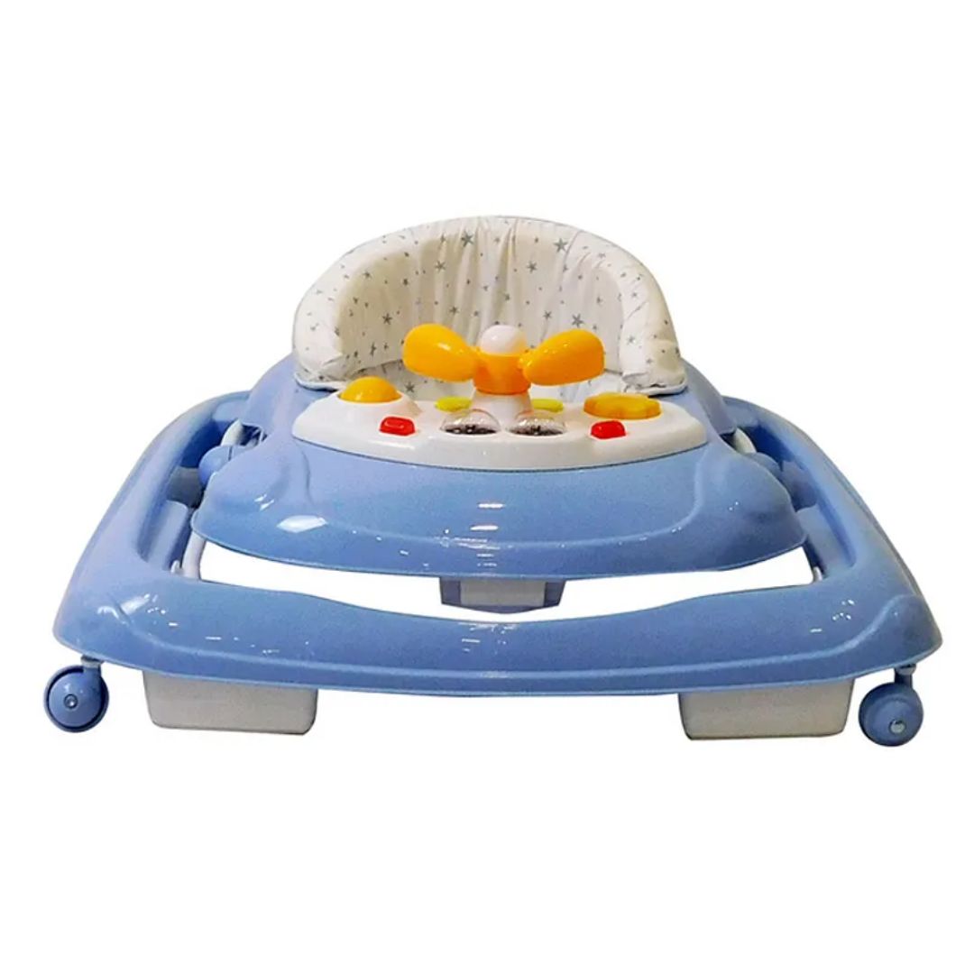 Asalvo Blue baby walker with colorful buttons on a white background