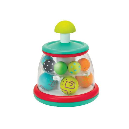 Colorful infantino toy with transparent top and colorful balls on a white background
