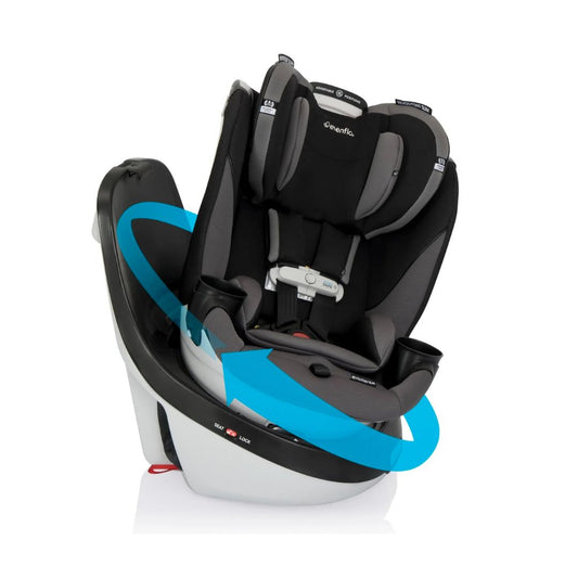 Evenflo Black and blue car seat with white base on a white background