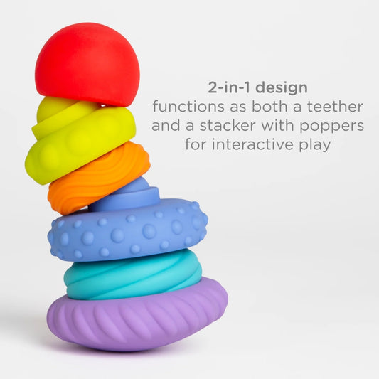 Colorful ubbi stacker toy with text describing its 2-in-1 design on a white background