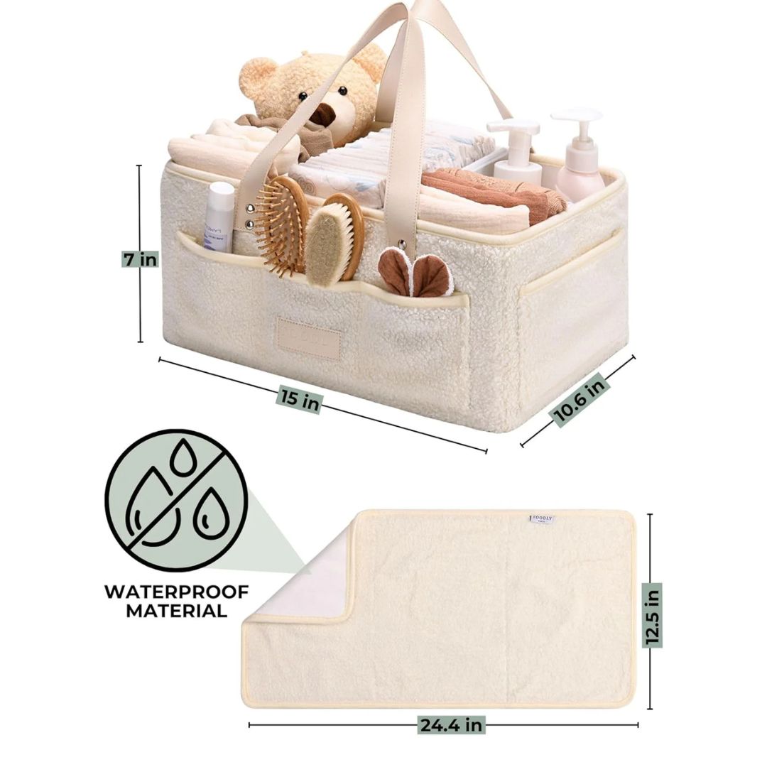 Little Baby Baby diaper bag with baby items and dimensions on a white background