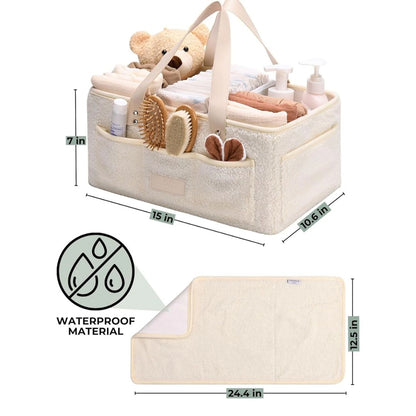 Little Baby Baby diaper bag with baby items and dimensions on a white background