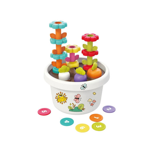 Colorful Hola toy set with building blocks and number cards on a white background