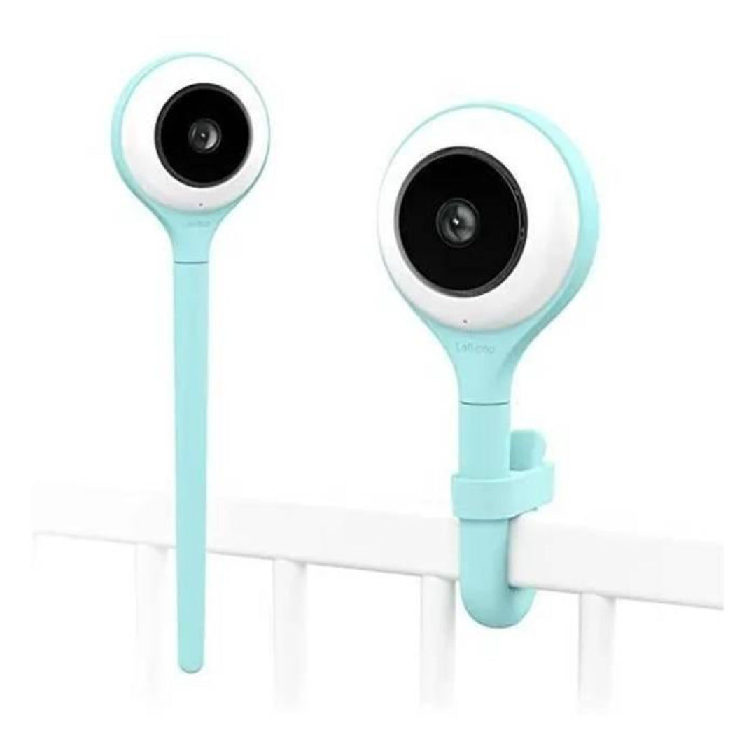Lollipop baby monitor cameras with blue straps on a white background