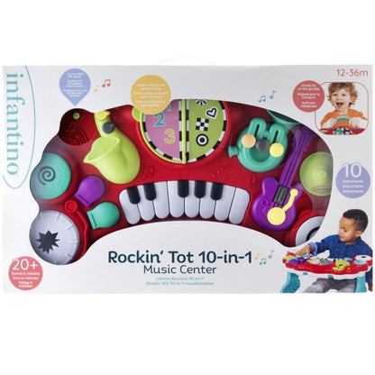 Box of Infantino Rockin' Tot 10-in-1 Music Center toy on a white background