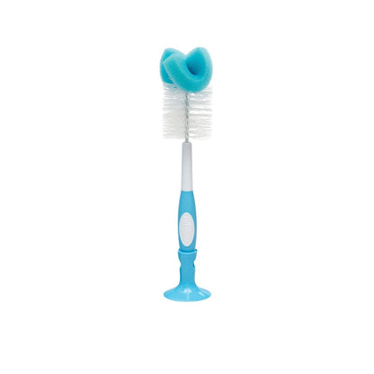 Blue bottle cleaning brush with a white handle on a white background