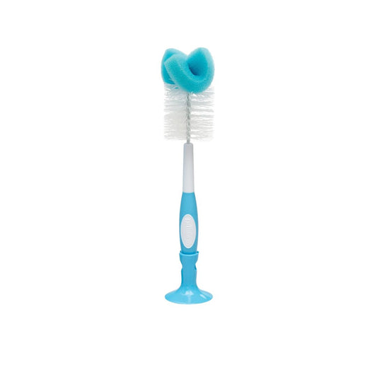 Blue bottle cleaning brush with a white handle on a white background