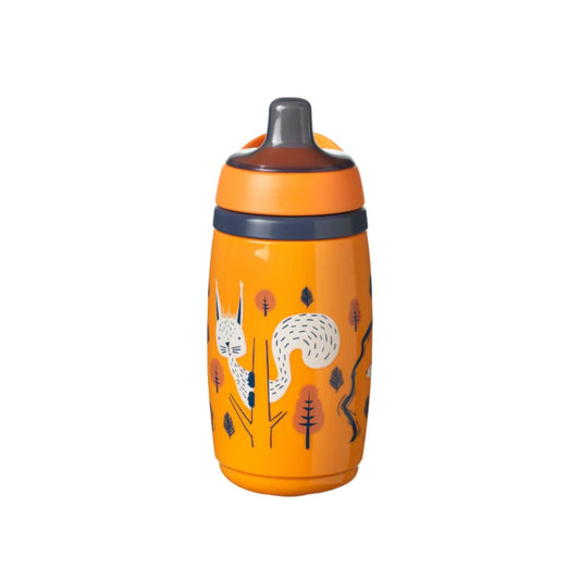 Orange sippy cup with animal illustrations on a white background