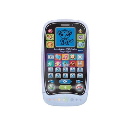 Vtech Toy smartphone with colorful display and buttons on a white background